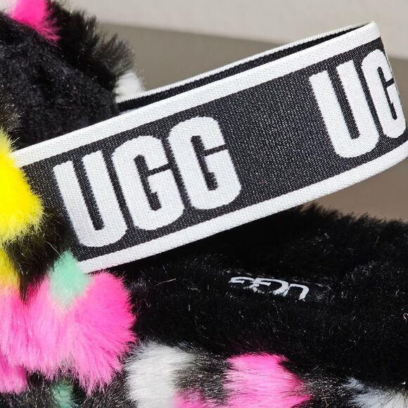 UGG Fluff Yeah Slide Sandal Women's Size 6 Checkered Faux Fur Black White Pink - Picture 10 of 13